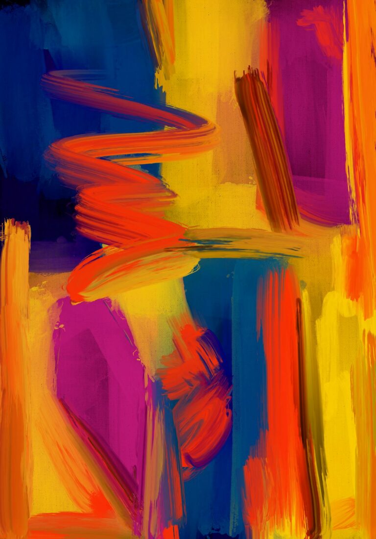 Dynamic and colorful expressionist artwork with bold brush strokes in red, blue, and yellow hues.