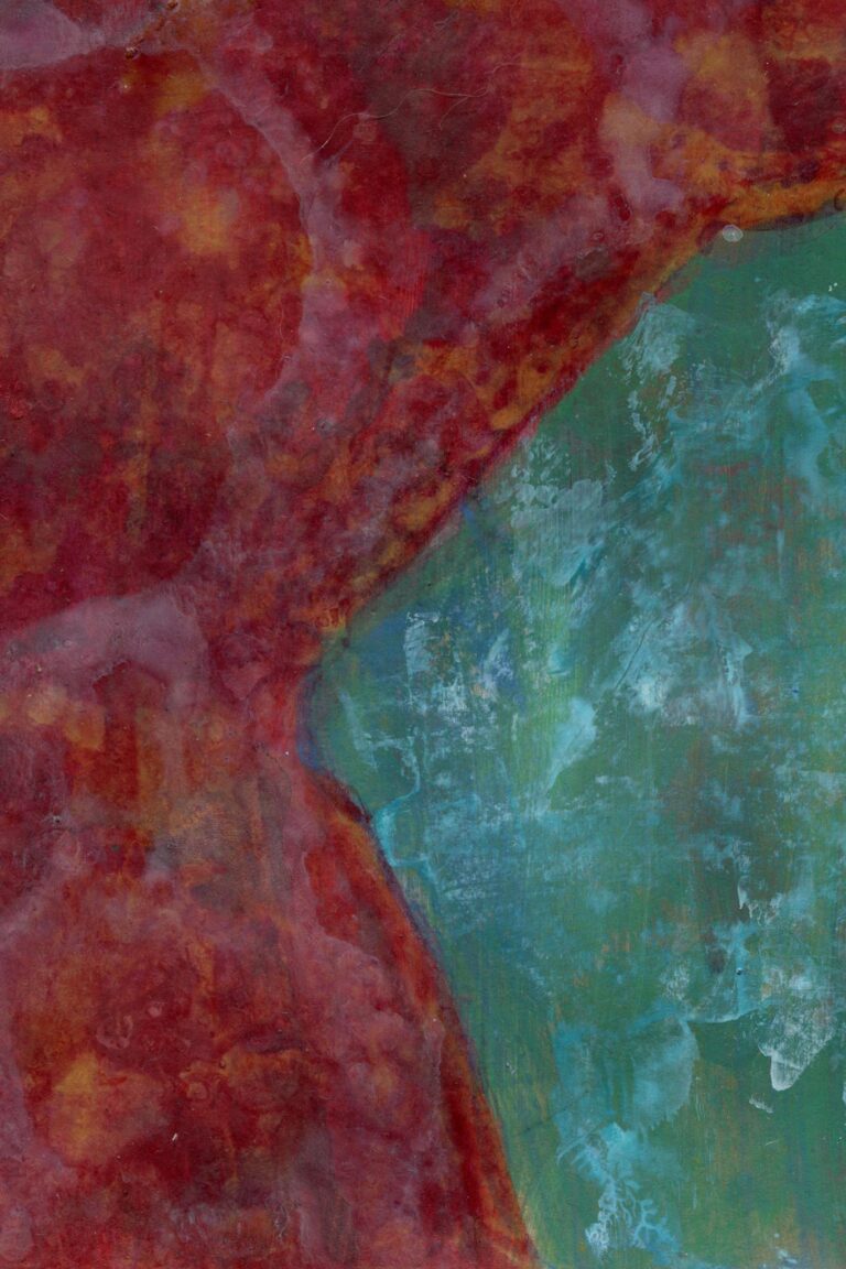 Vibrant abstract painting with red and green textured patterns creating visual depth.